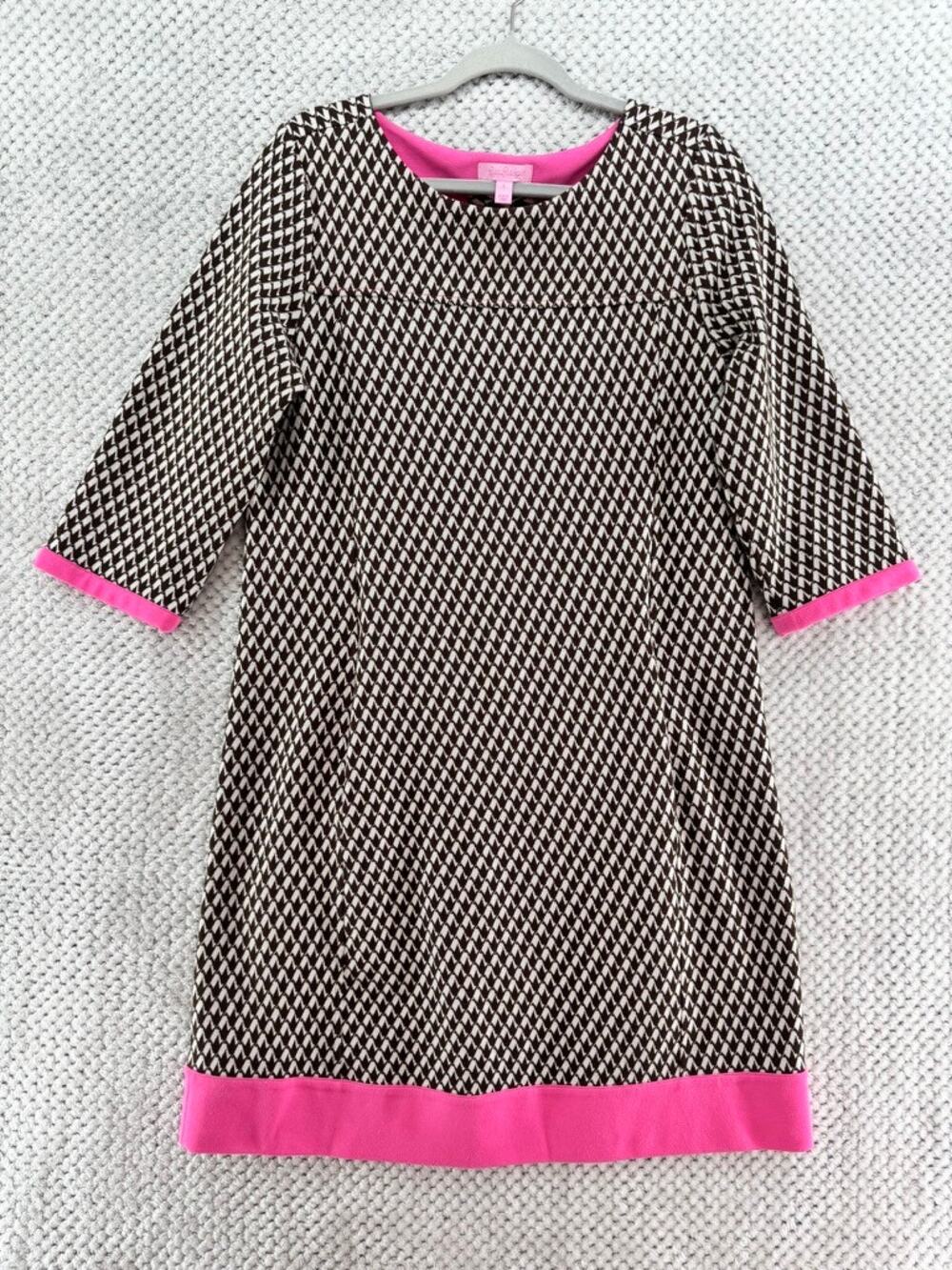 Lilly Pulitzer Dress Womens L Brown Pink Printed Knit Pockets 70S Groovy